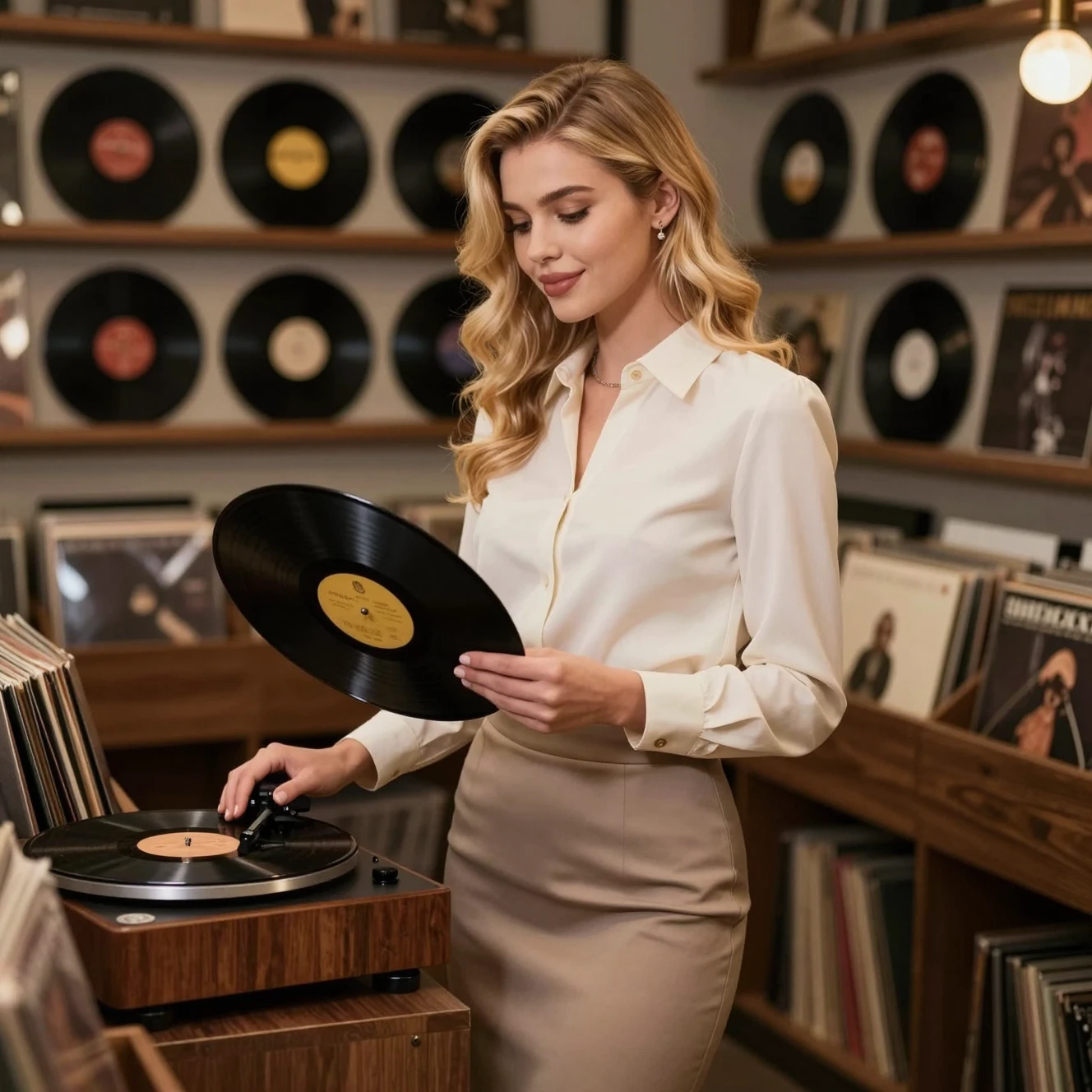 Elegant woman playing vinyl in a vintage record store