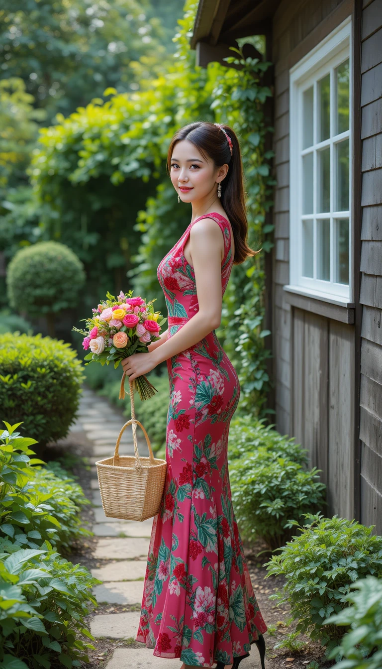 Joyful woman in floral dress on rustic garden path