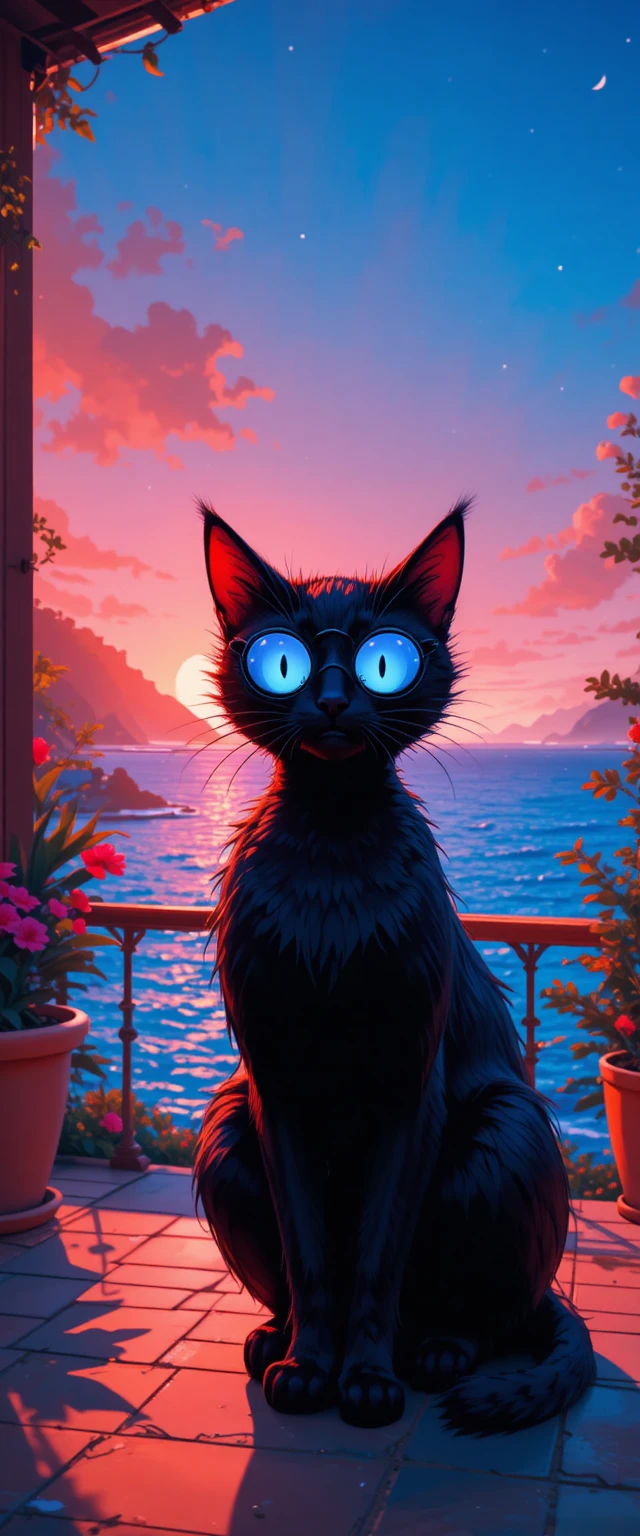 Black cat with sunglasses on a seaside terrace illustration
