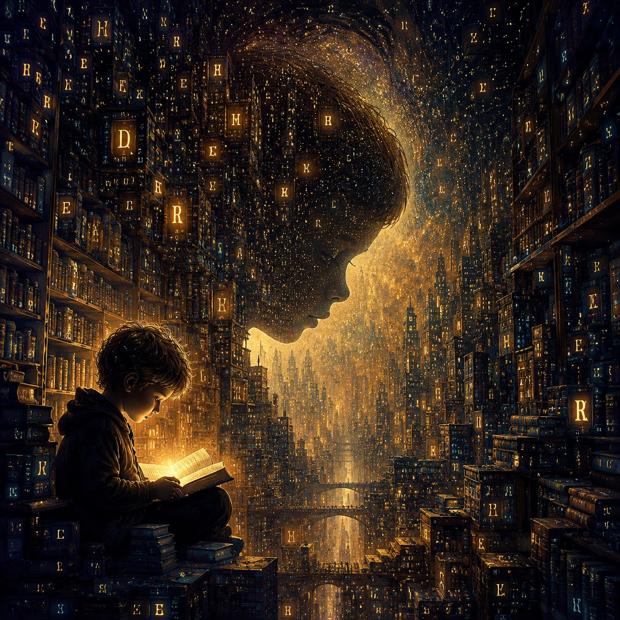 Vast Library Transformed Into A Surreal Endless Cityscape