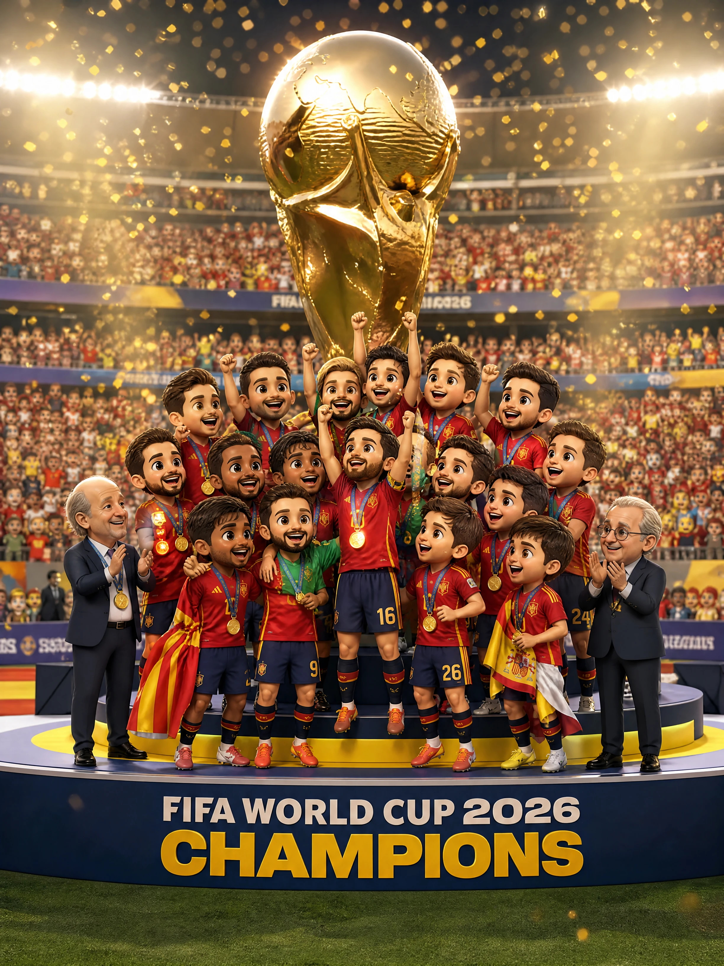 Chibi soccer champions lifting the World Cup trophy on podium