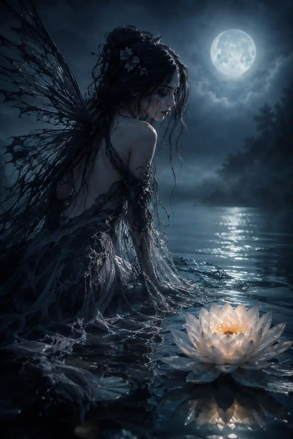 Gothic fairy in lace gown fading into moonlit mist