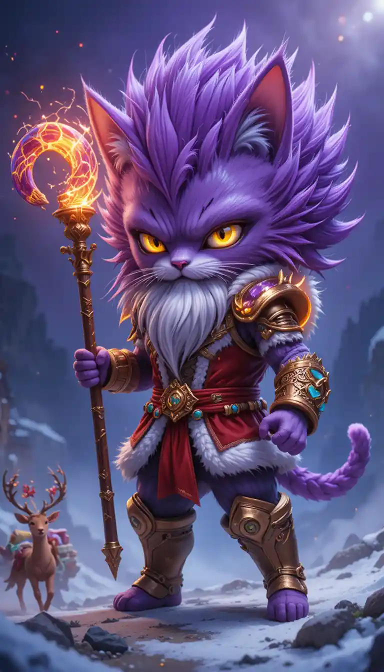 Feroz gato guerrero chibi con abrigo y barba de Santa