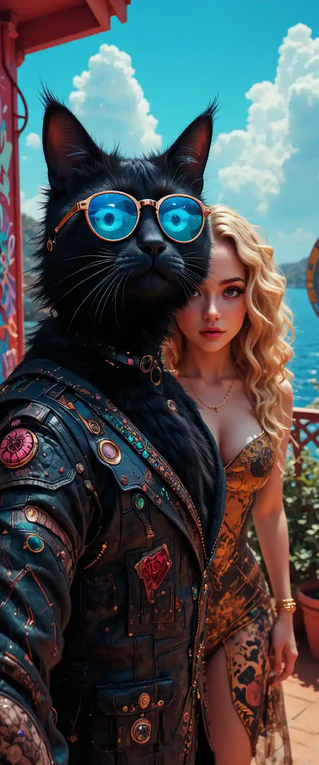 Black cat with sunglasses on a terrace above blue sea
