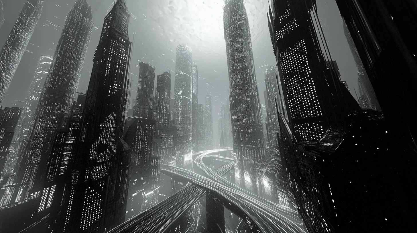 Surreal city skyline merging seamlessly into orchestral forms