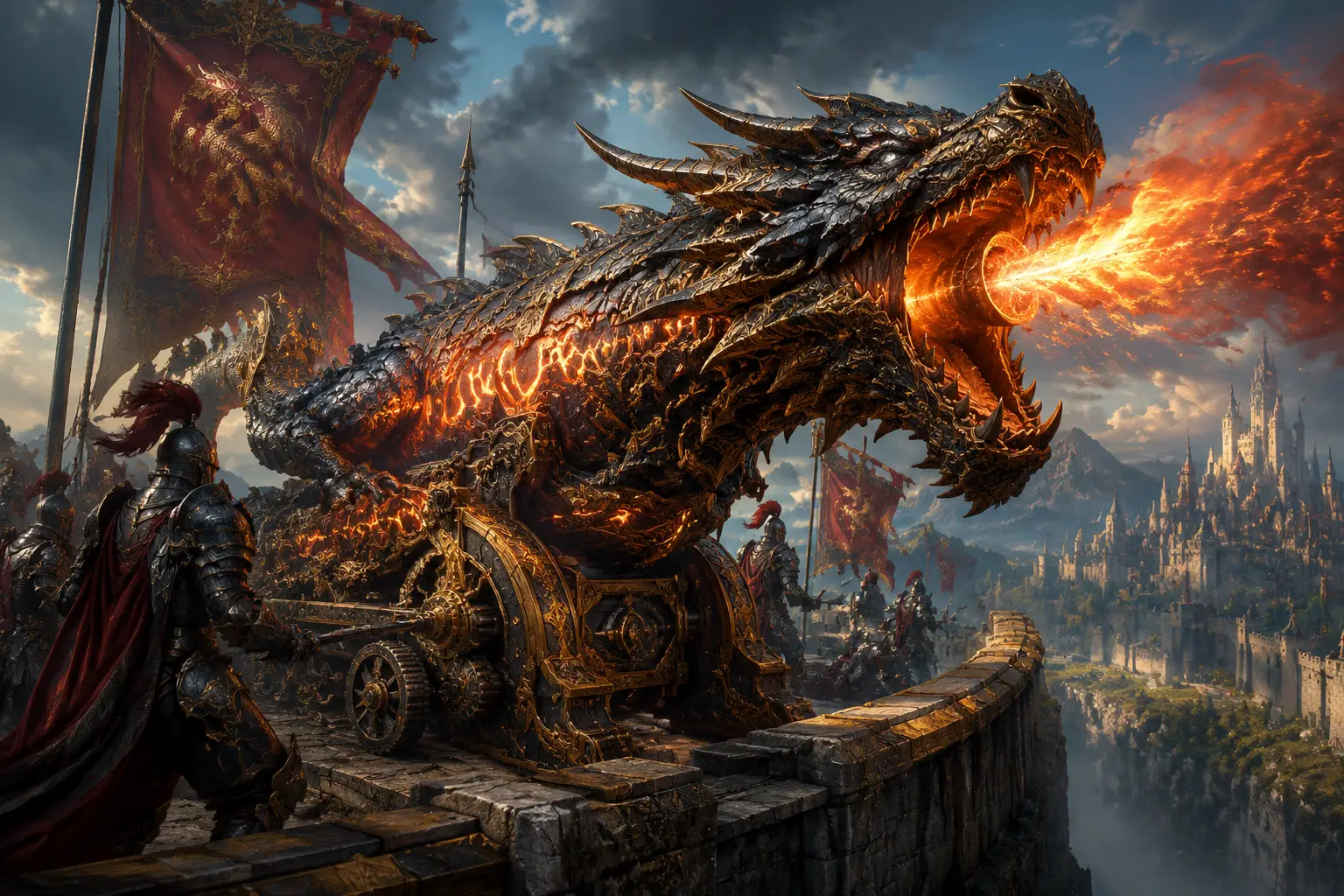 Dragon forged cannon atop a fortress above misty lands
