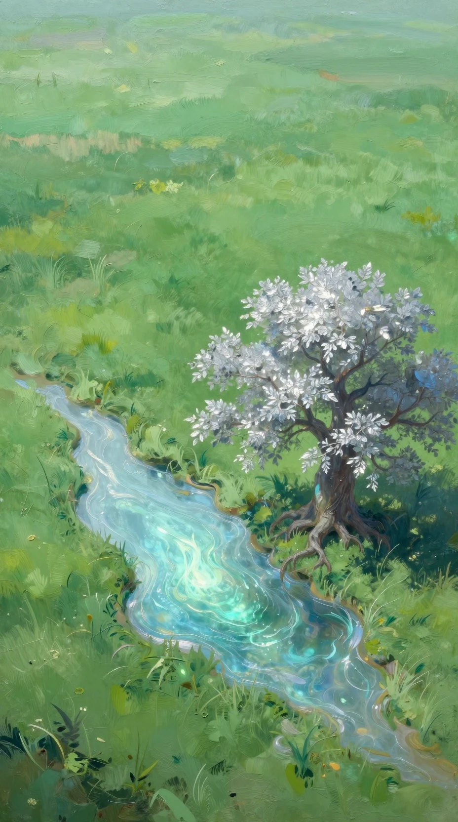 Glowing pool beside ancient tree in a vast meadow