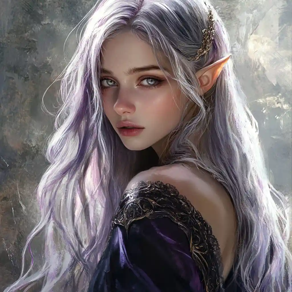 Enigmatic elf enchantress with lavender hair and silver eyes