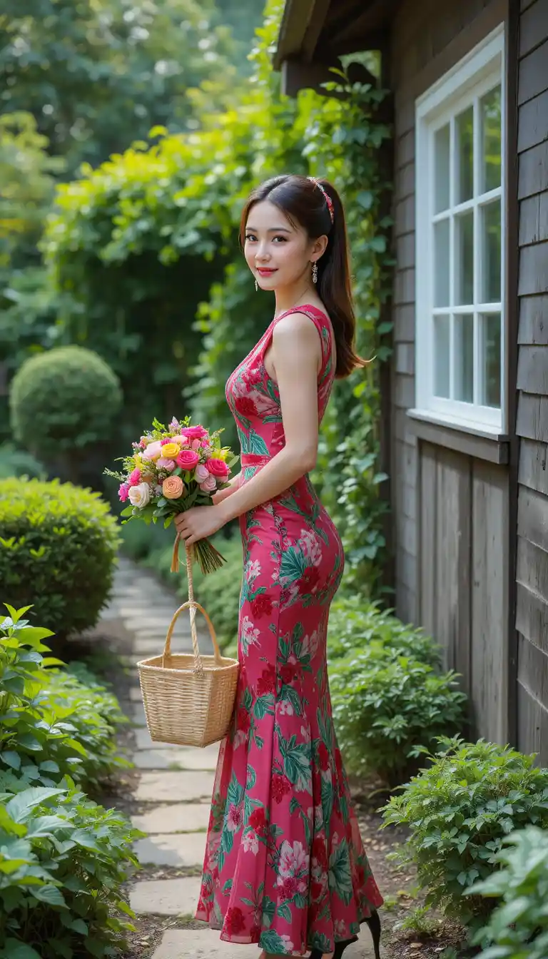 Joyful woman in floral dress on rustic garden path
