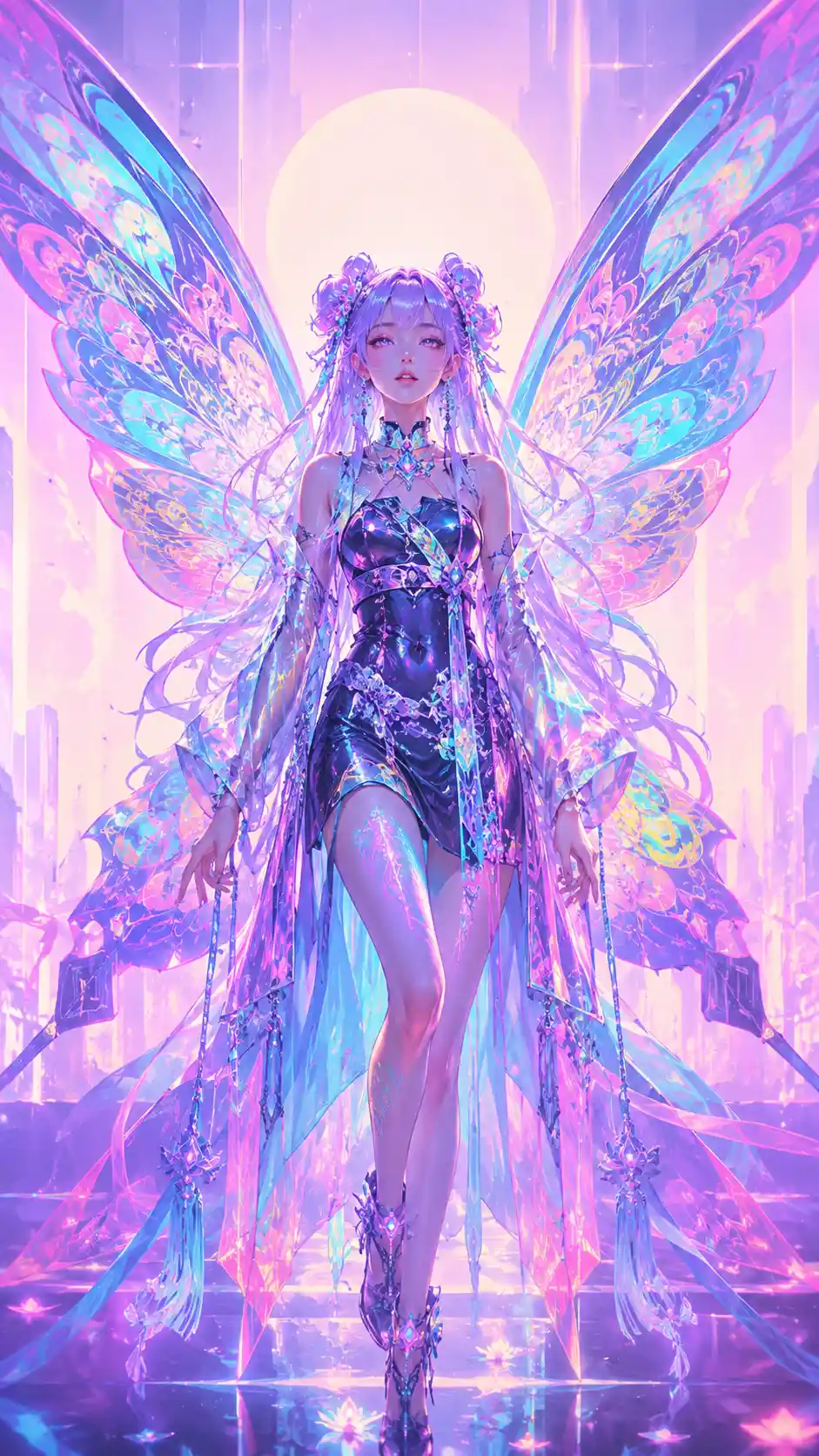 Pastel cyberpunk fairy woman with large glowing wings