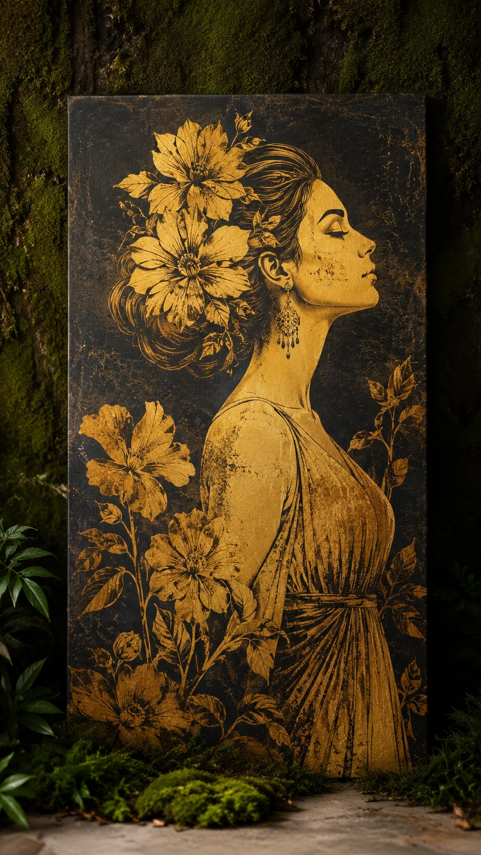 Golden stencil portrait of woman with large flowers