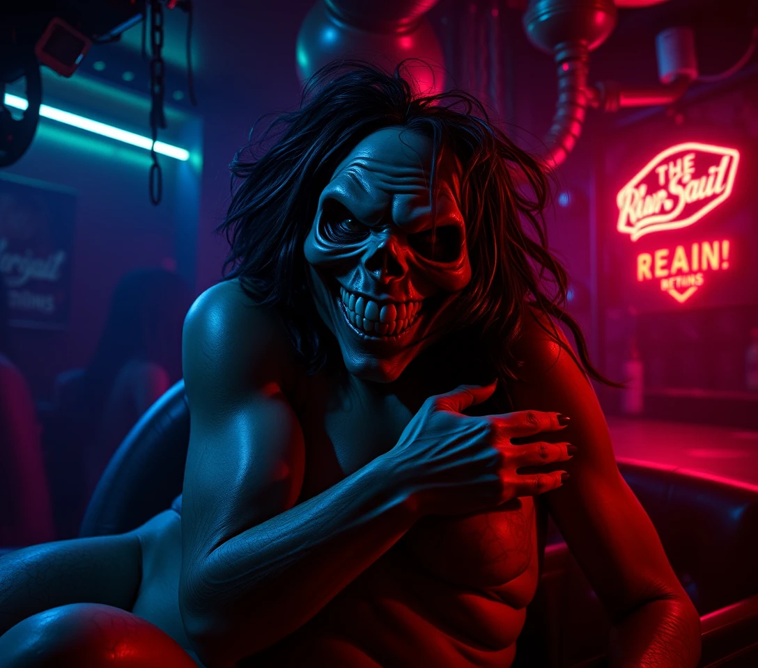 Surreal neon nightclub of tangled bodies and eerie grins