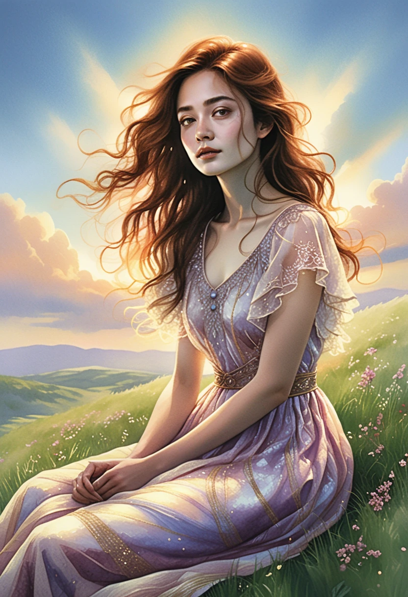Young woman on grassy slope at sunset with flowing hair
