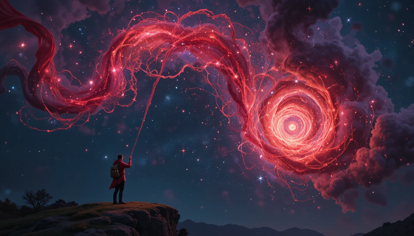 Weary traveler on cliffside beneath swirling cosmic nebula