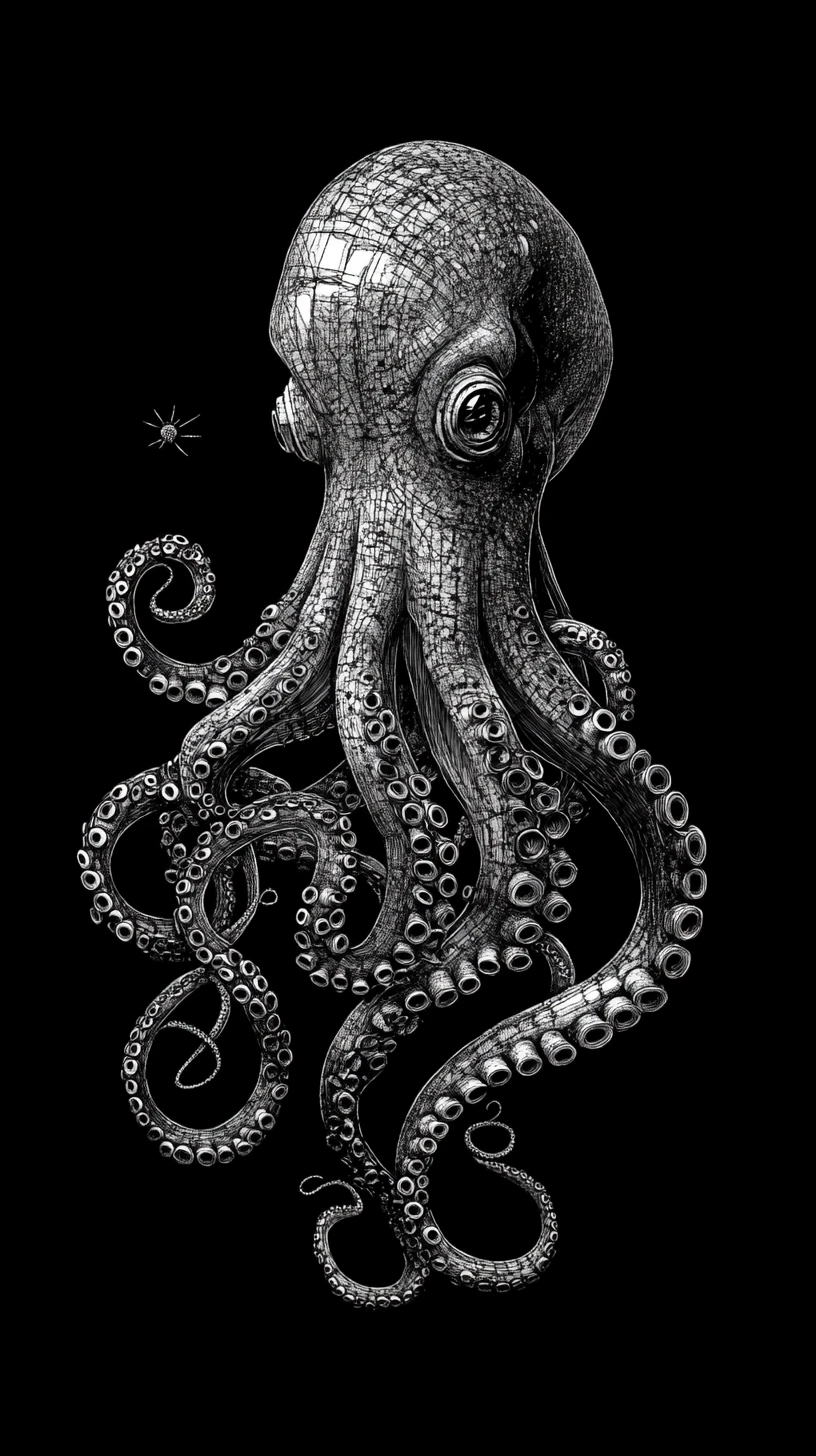 Surreal octopus merging with architectural and mechanical forms