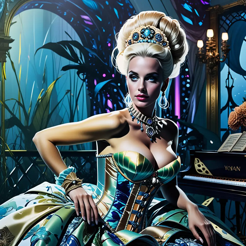 Baroque fantasy courtesan in corset within opulent boudoir
