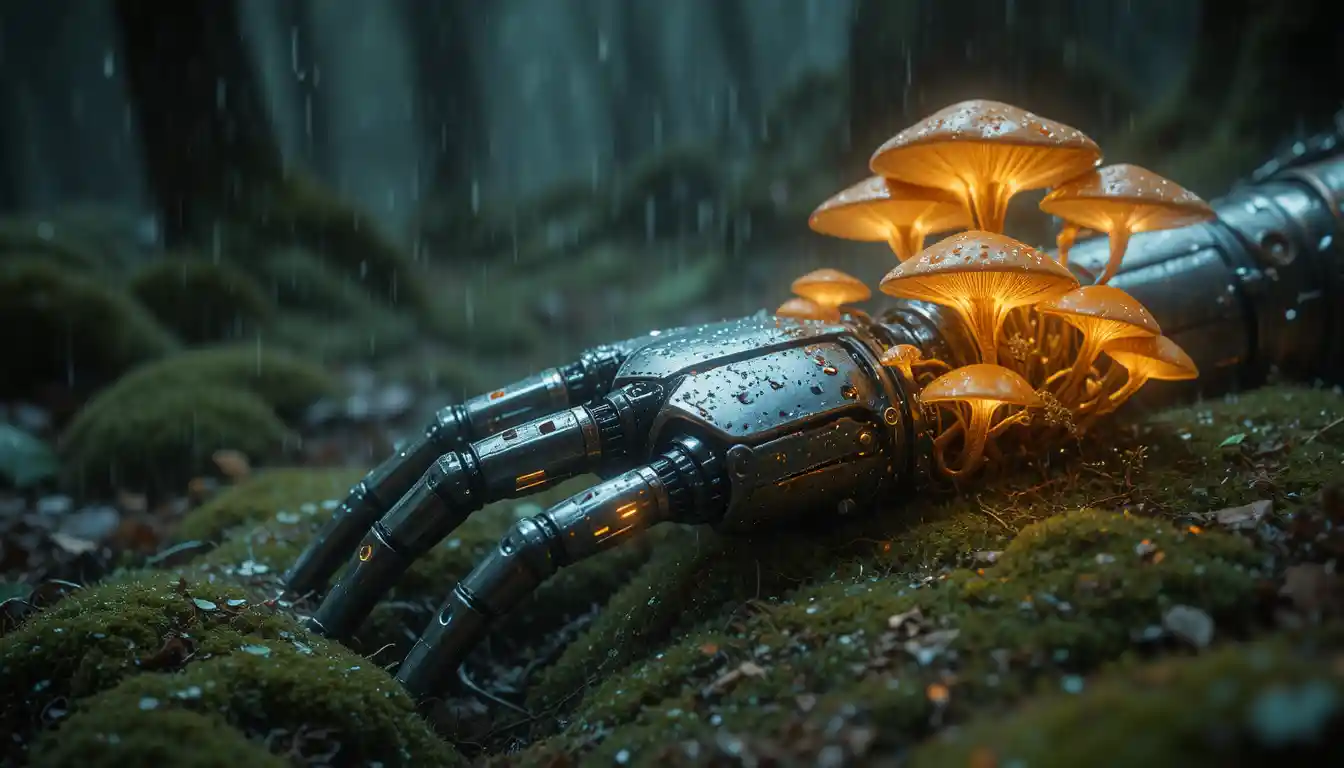 Cybernetic robot hand decaying into glowing forest fungi