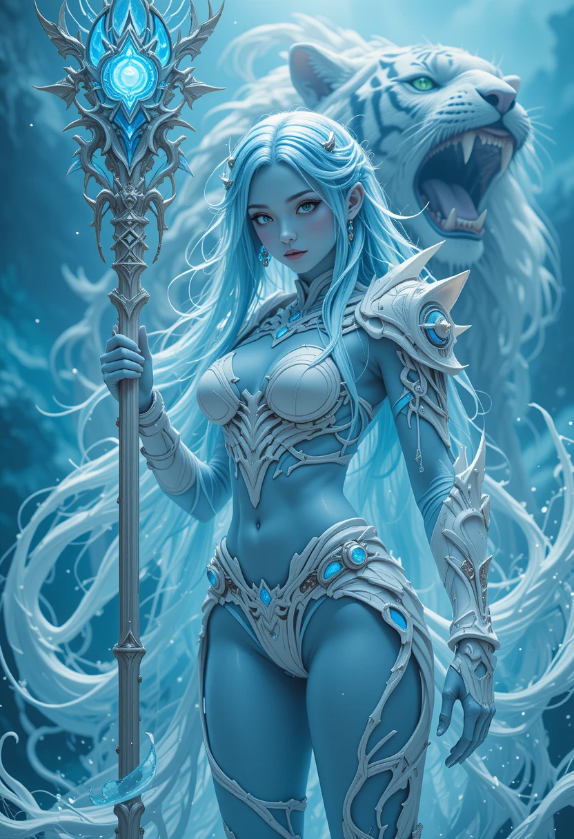 Blue skinned elven girl with crystal staff and tiger