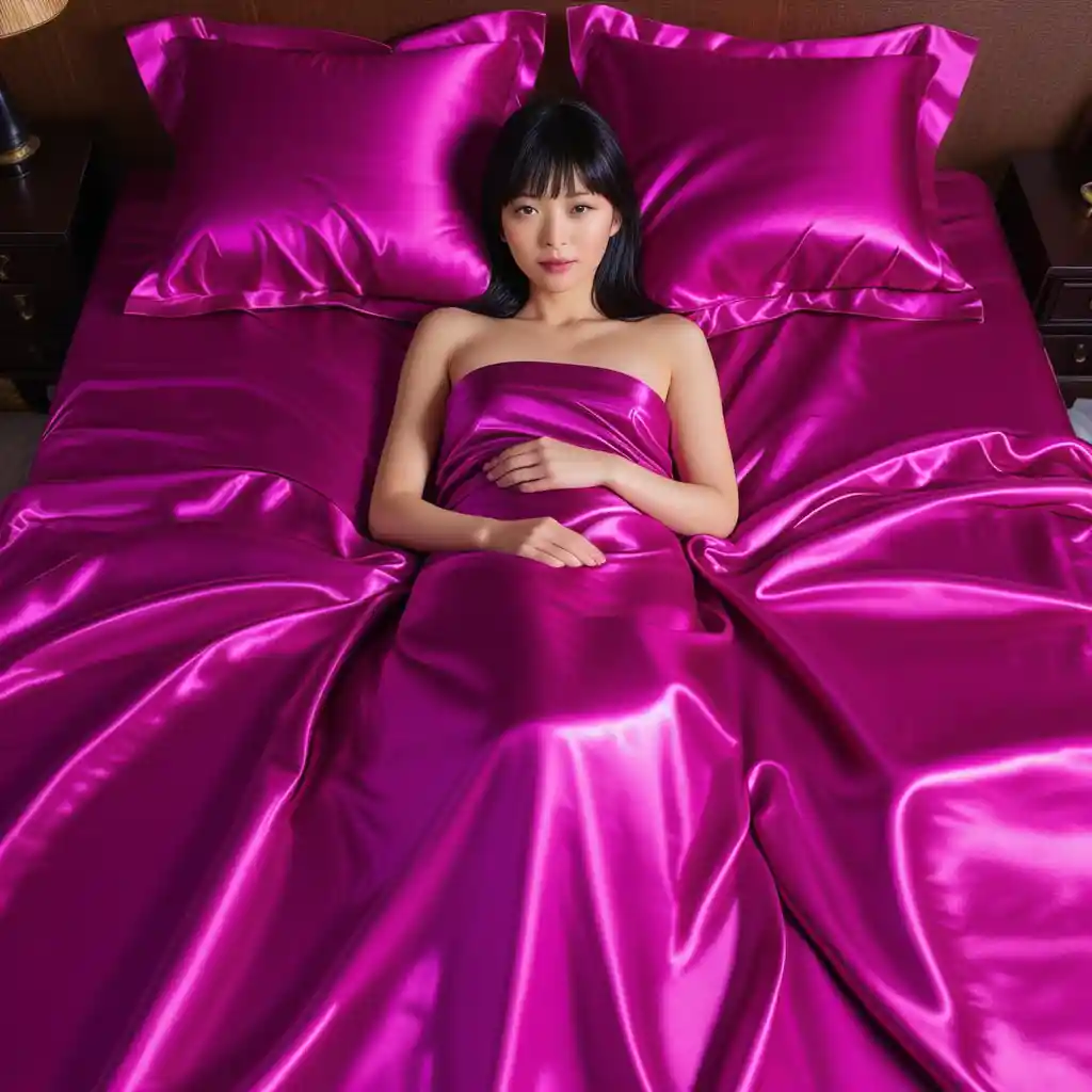 Japanese woman lying on bright magenta satin bed sheets