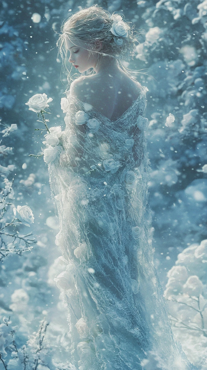 Woman Wrapped In Frosted Roses In A Snowy Orchard