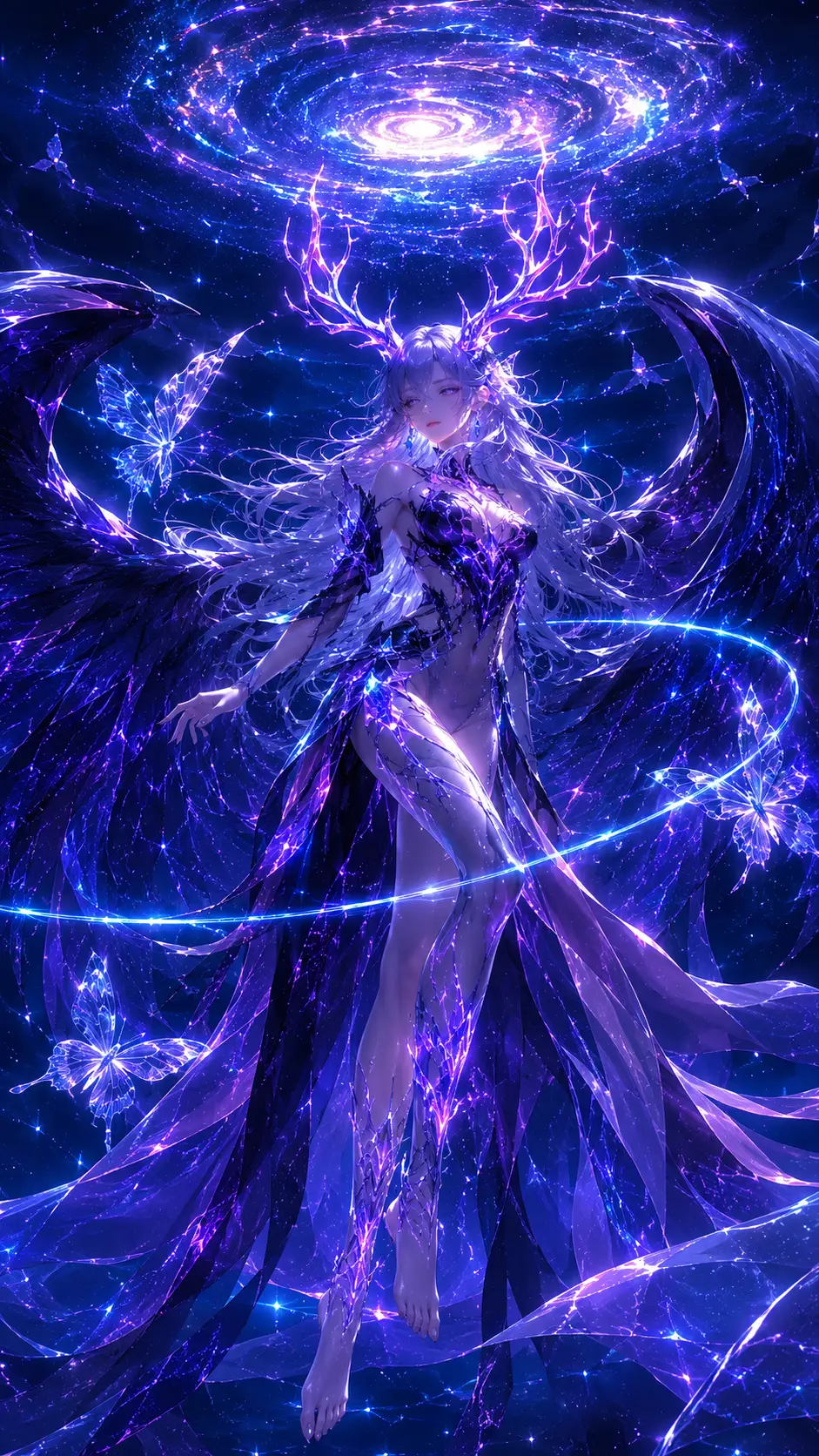Donna fantasy con corna al neon e alone cosmico