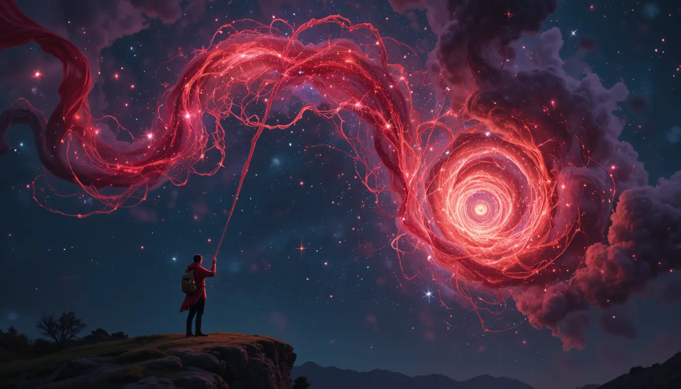 Weary traveler on cliffside beneath swirling cosmic nebula