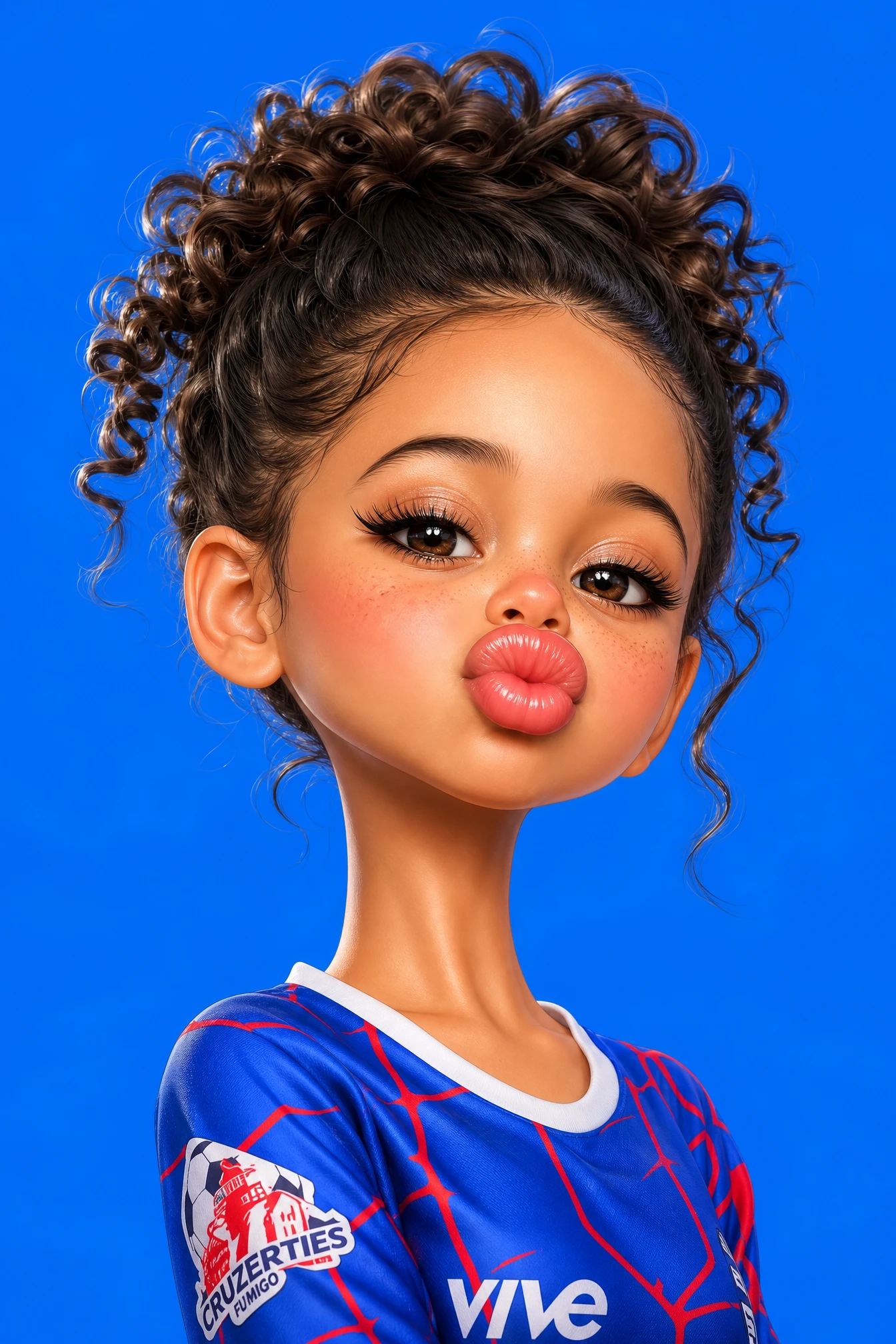 Glossy 3D doll like woman with giant pouty lips