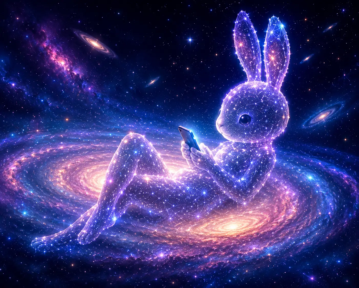 Starry rabbit lounging on a galaxy with smartphone