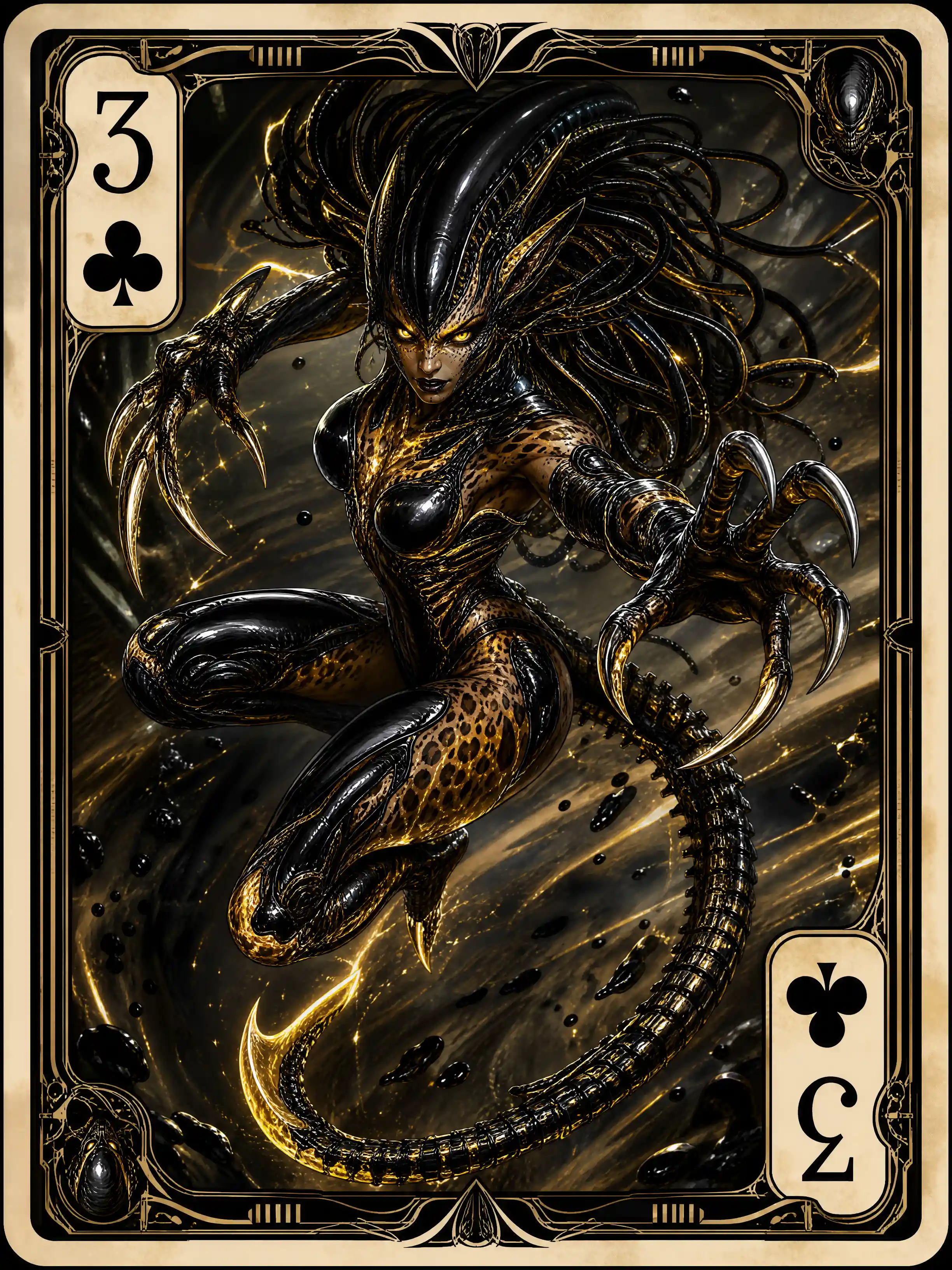 Terrifying biomechanical feline woman within playing card frame
