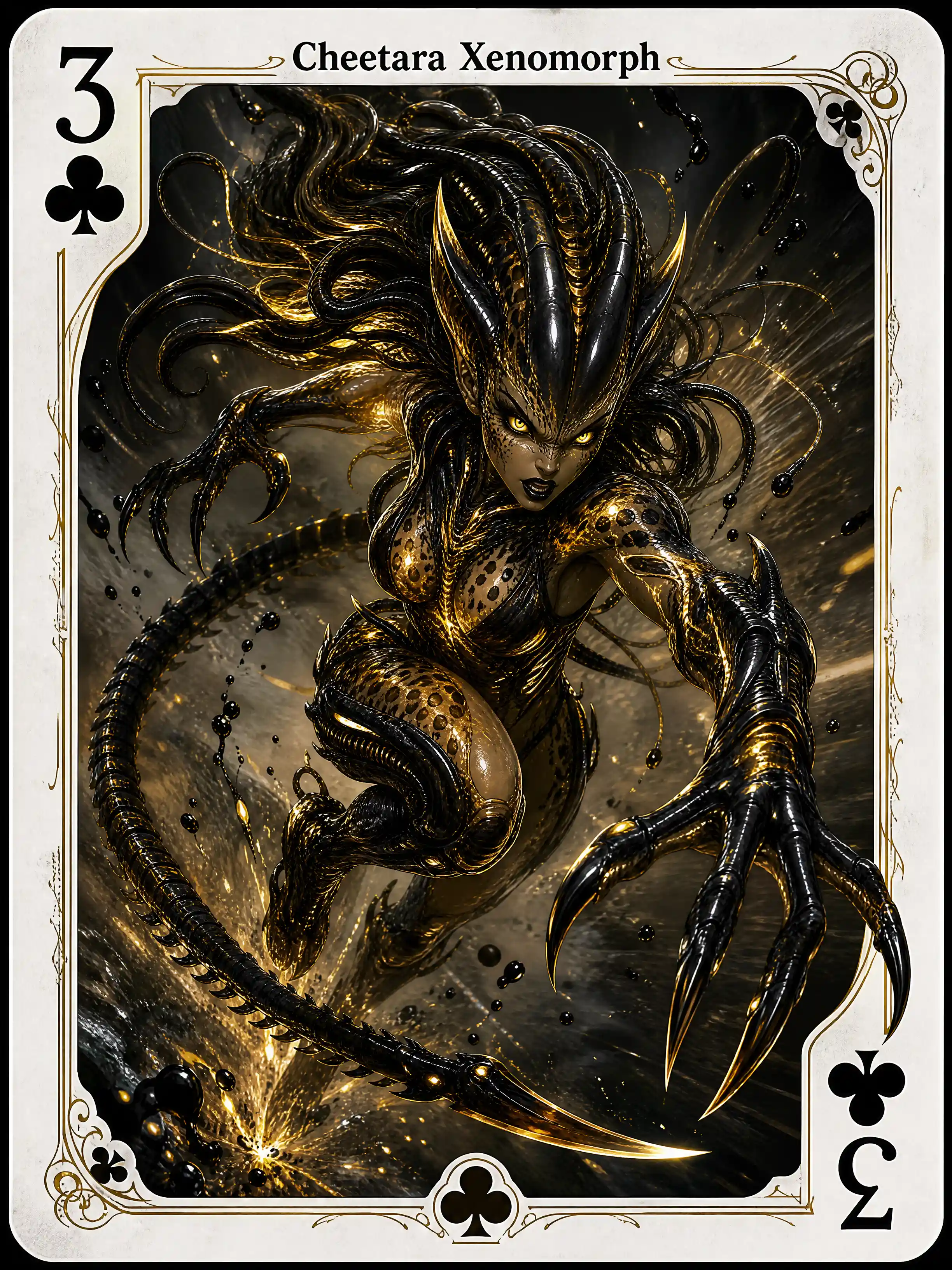 Terrifying feline xenomorph woman leaping within playing card