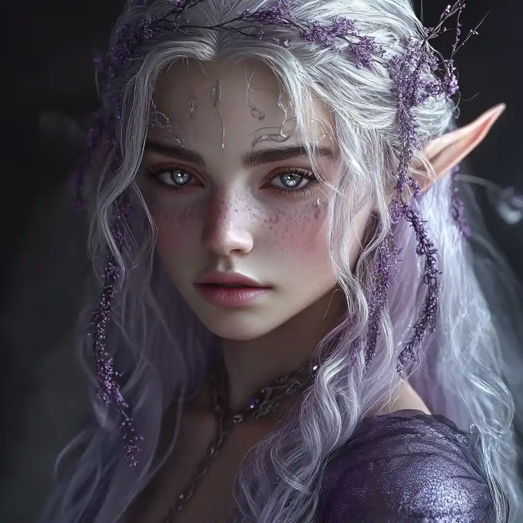 Enigmatic elf enchantress with lavender hair and silver eyes