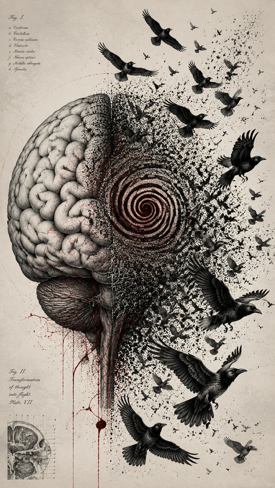 Human brain dissolving into ravens in surreal ink illustration