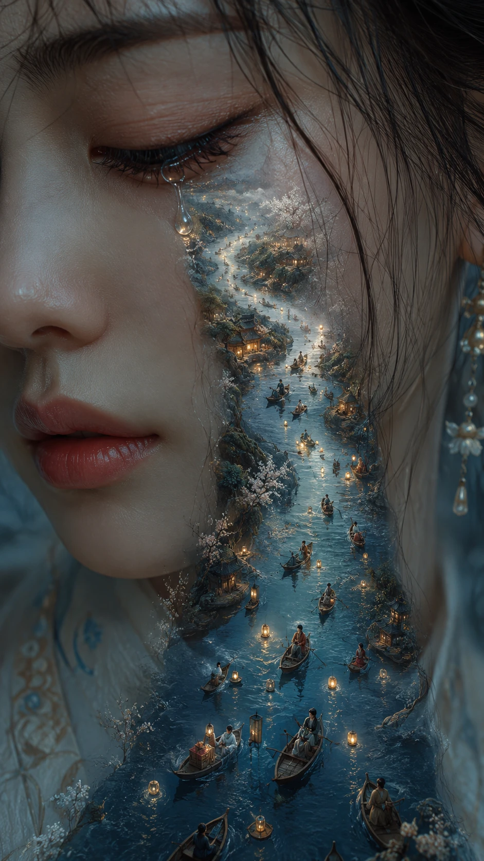 Close portrait of a tear flowing into a winding lantern river