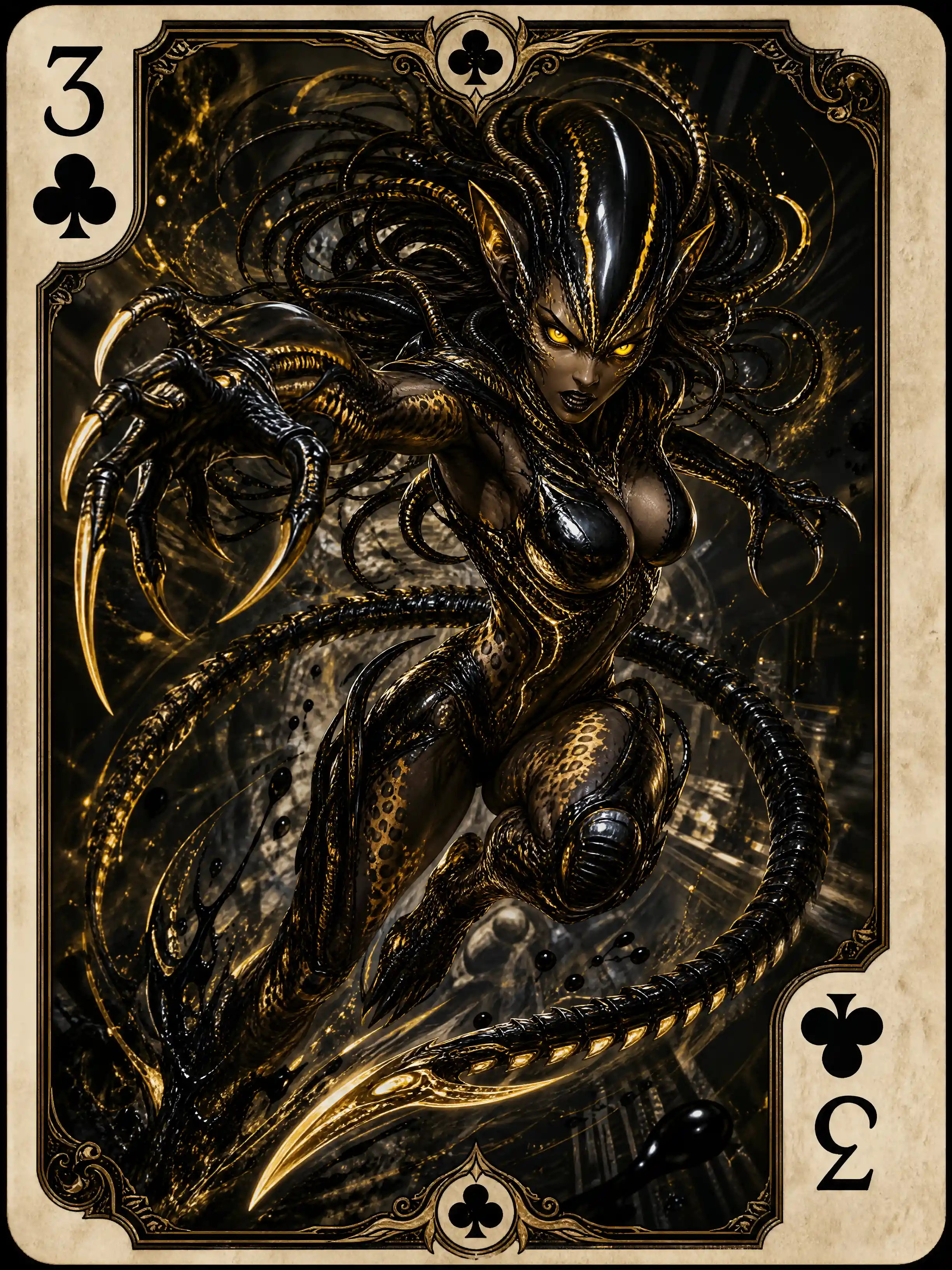 Terrifying biomechanical feline woman leaping inside playing card