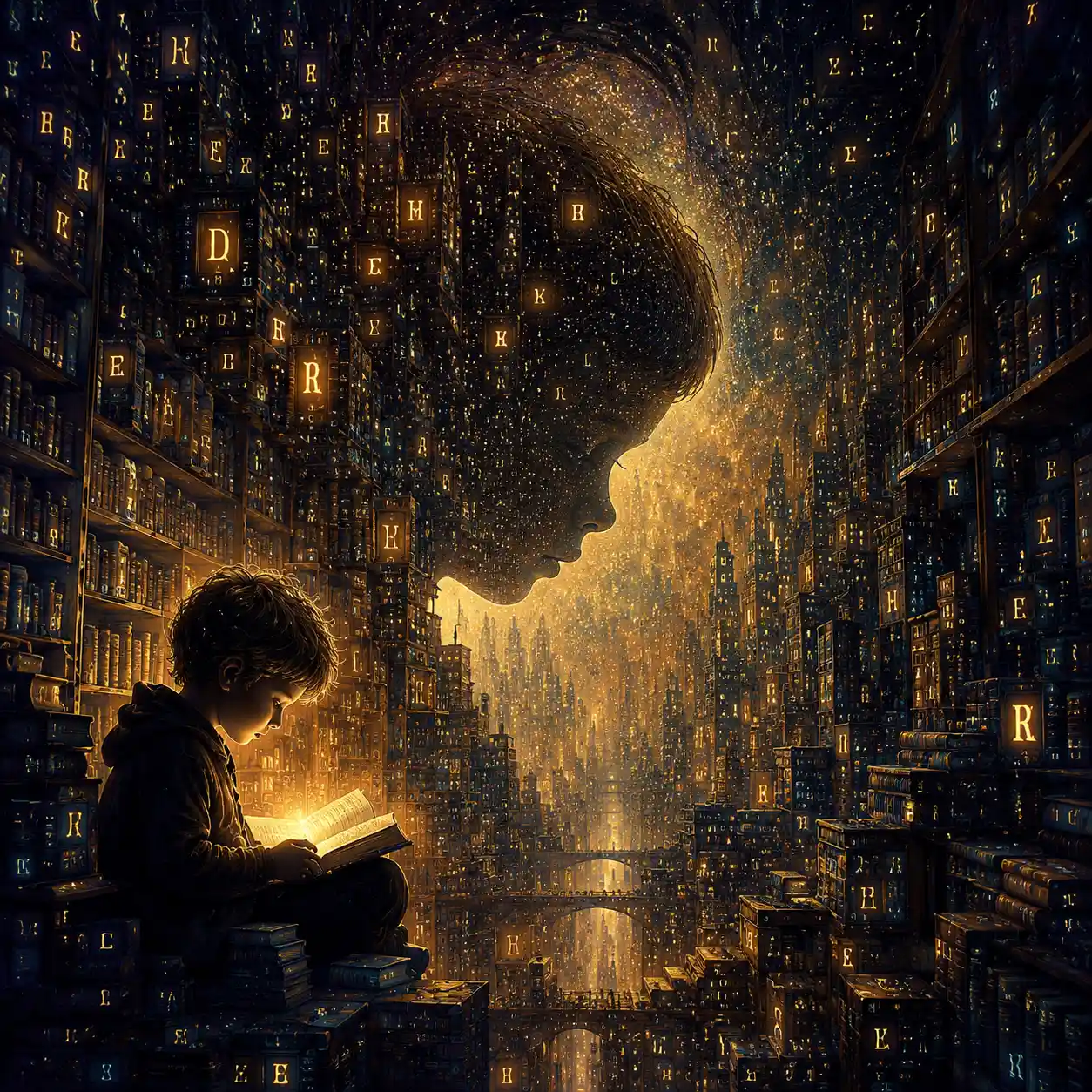 Vast Library Transformed Into A Surreal Endless Cityscape