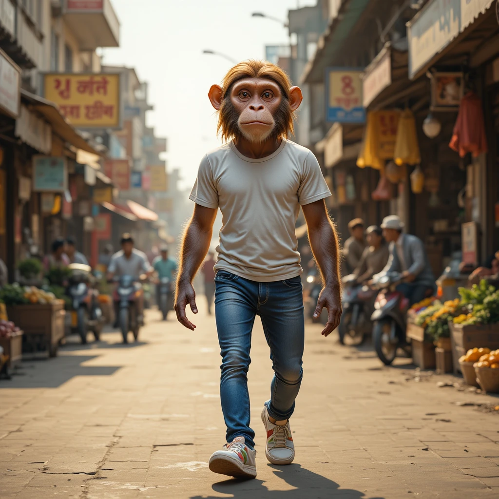 Stylish monkey walking through a busy Indian street market