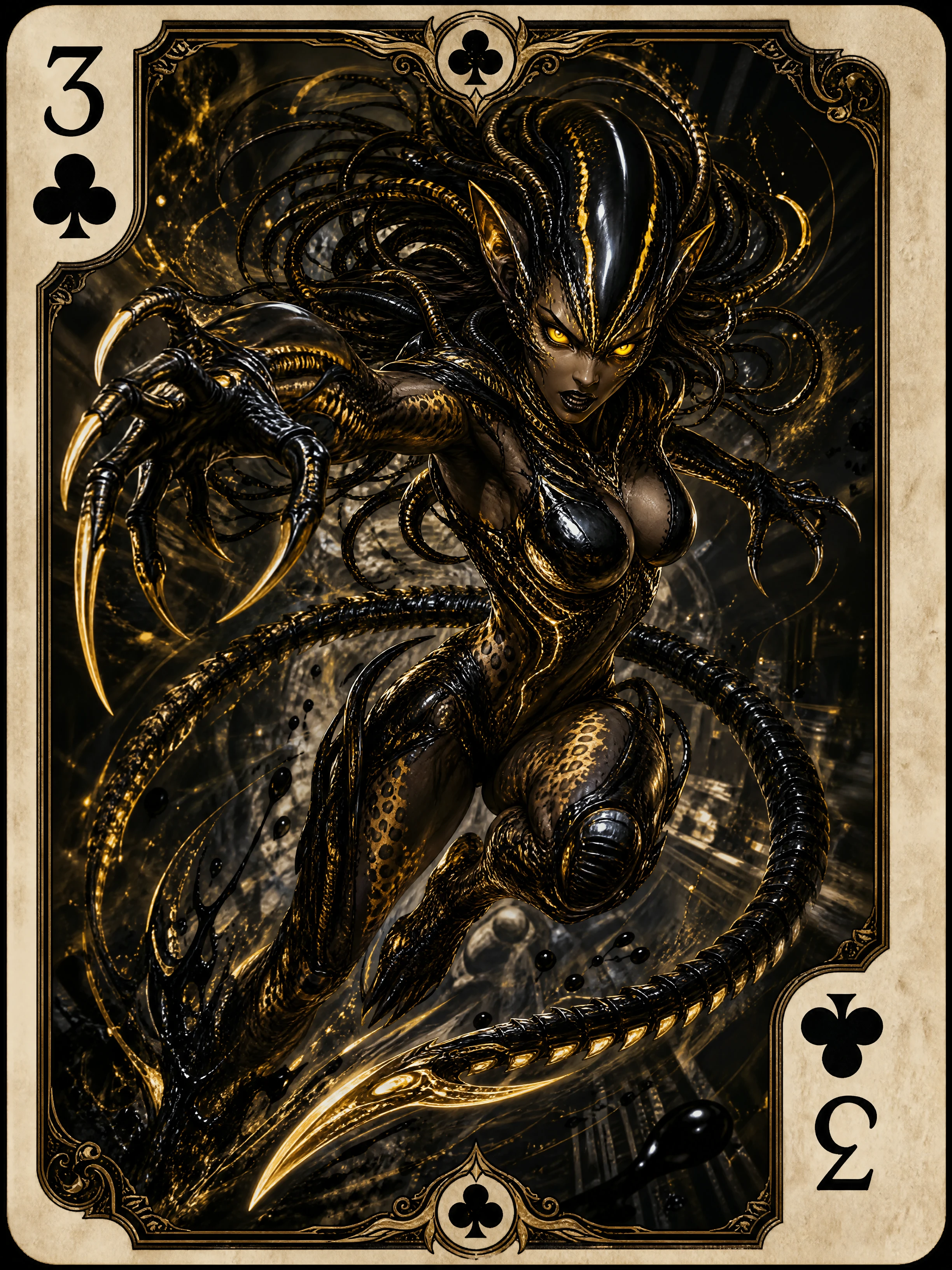 Terrifying biomechanical feline woman leaping inside playing card