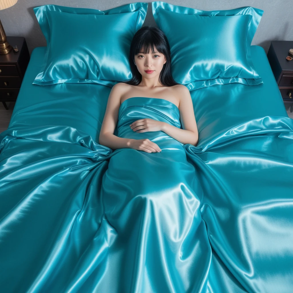 Japanese woman lying on bright cyan satin bed sheets