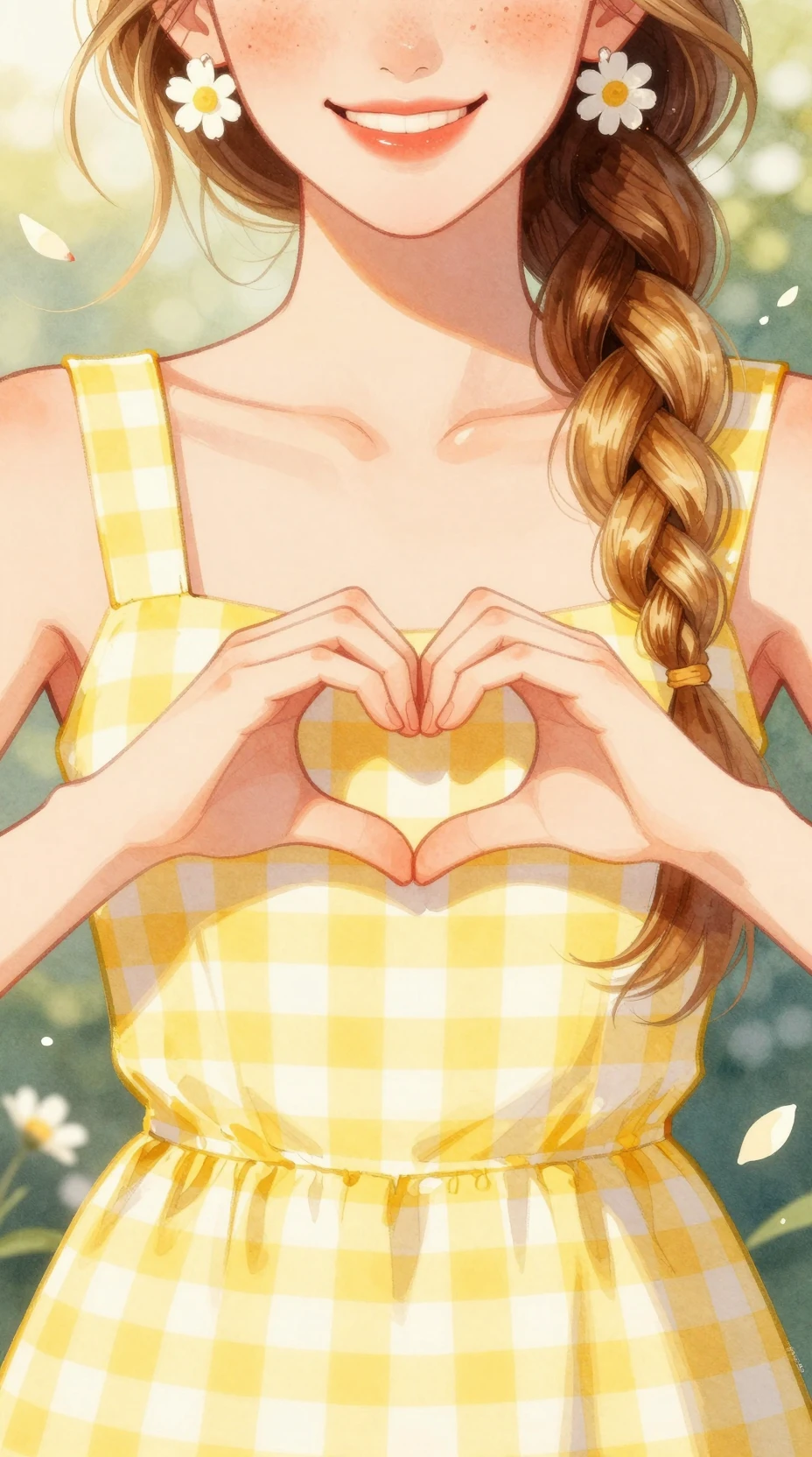 Watercolor girl making a heart with her hands in sunlight
