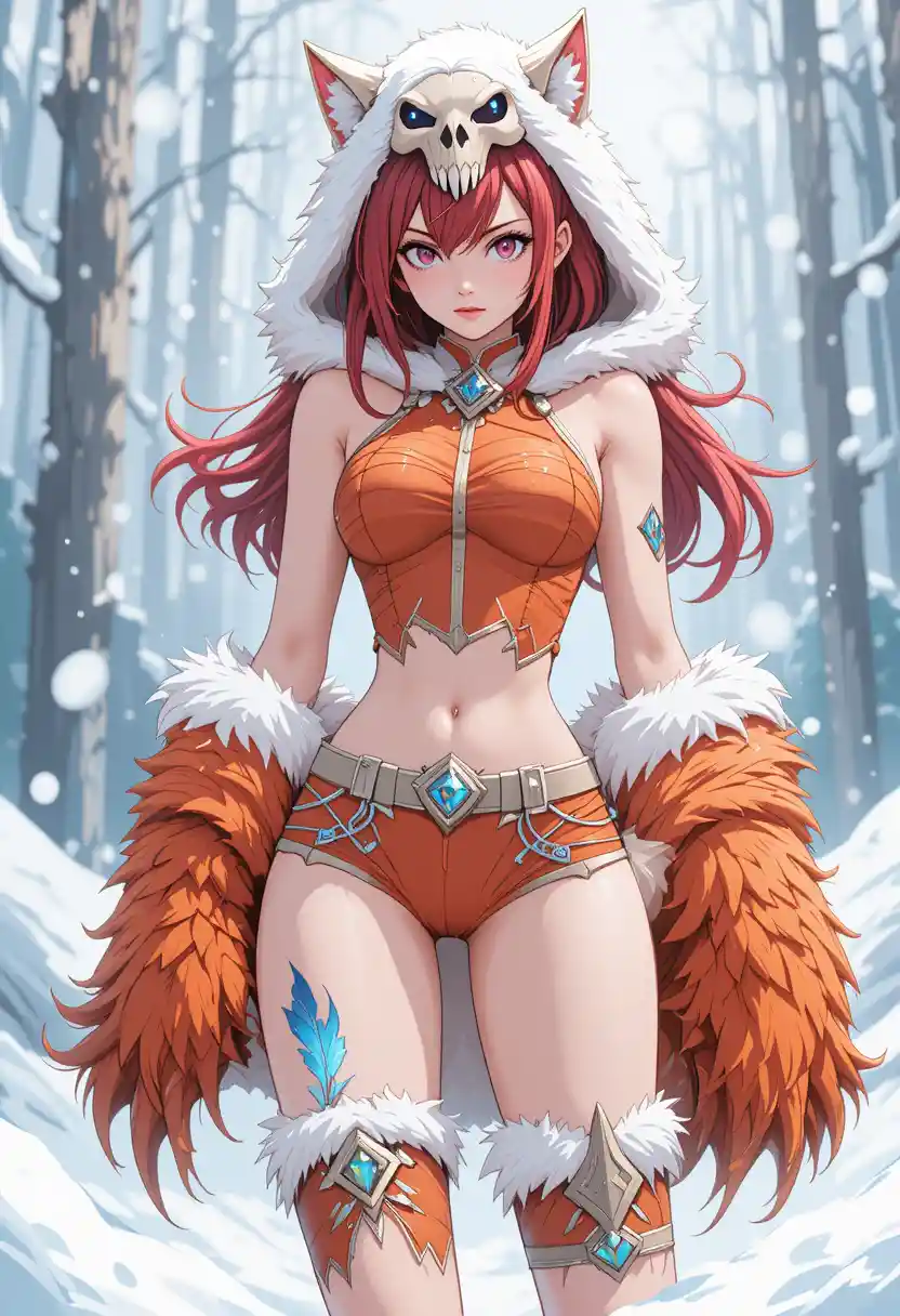 Anime warrior woman with crimson hair in snowy landscape