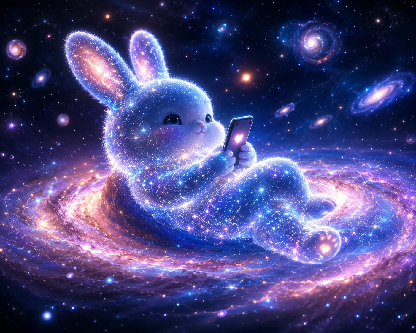 Conejo estrellado descansando en una galaxia con un smartphone