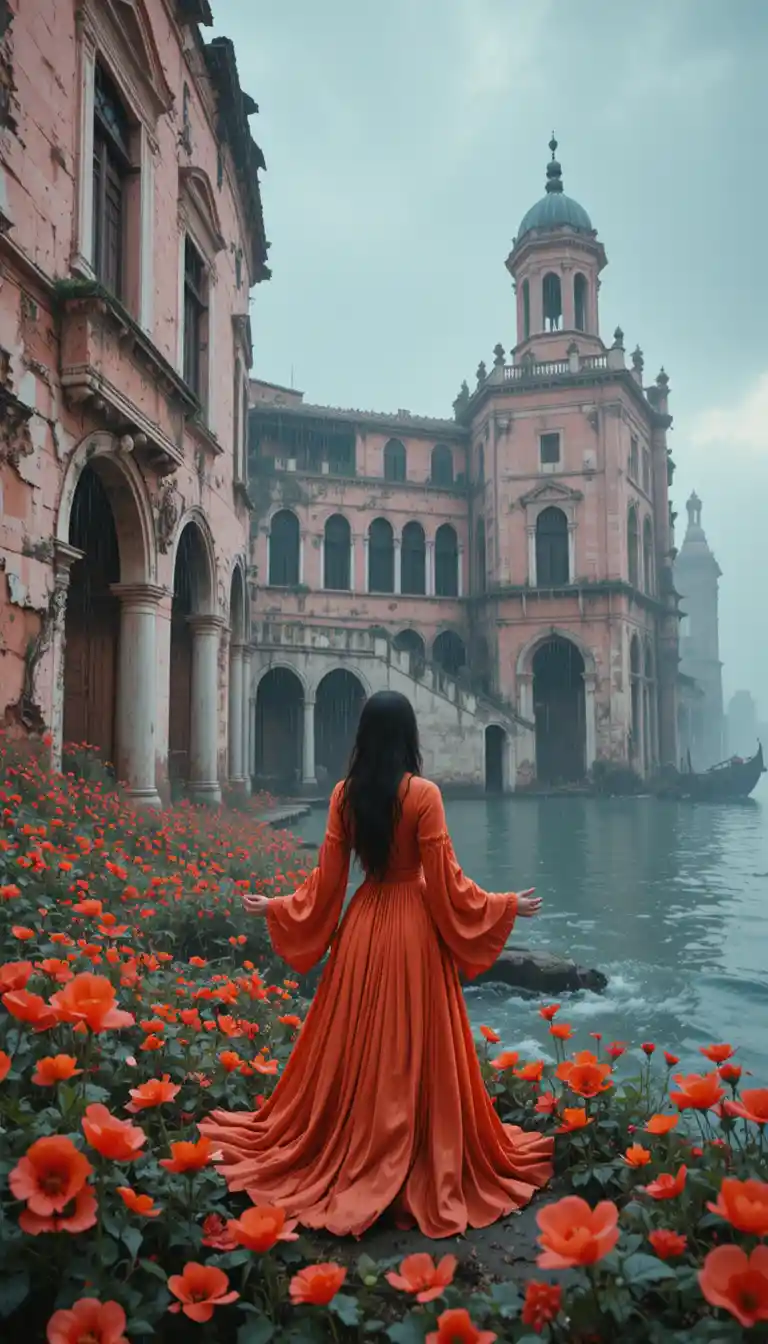 Woman in orange robe on sinking venetian palace shore