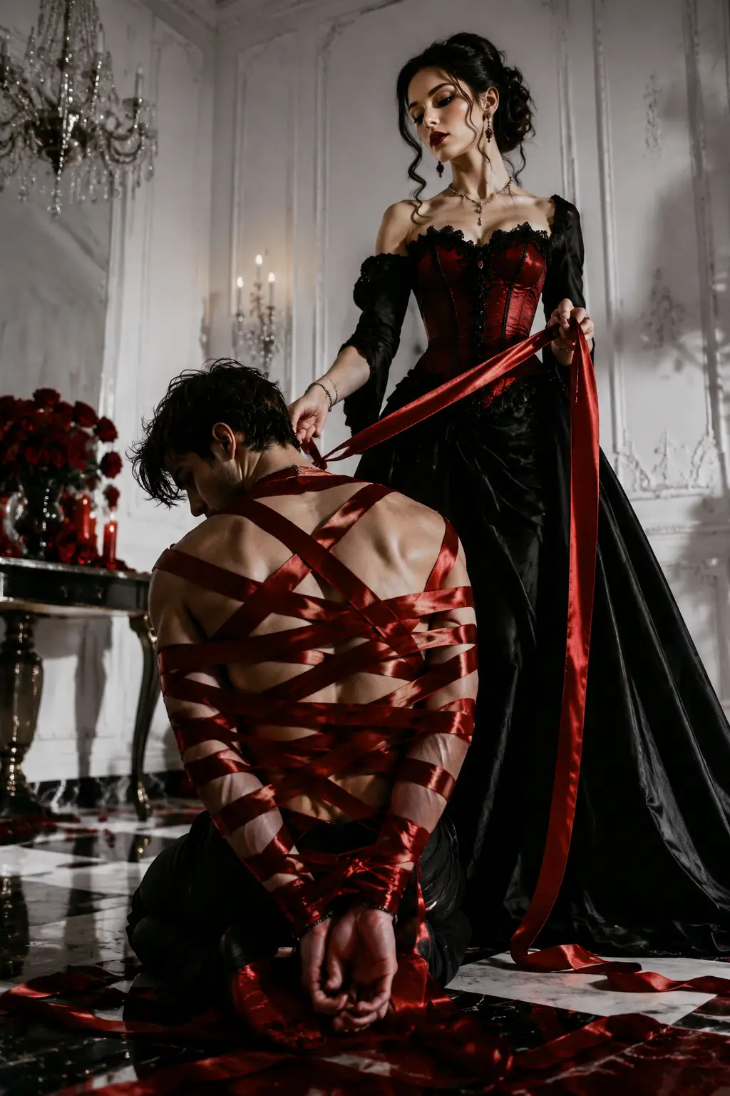 Man bound in red ribbons under dramatic light indoors