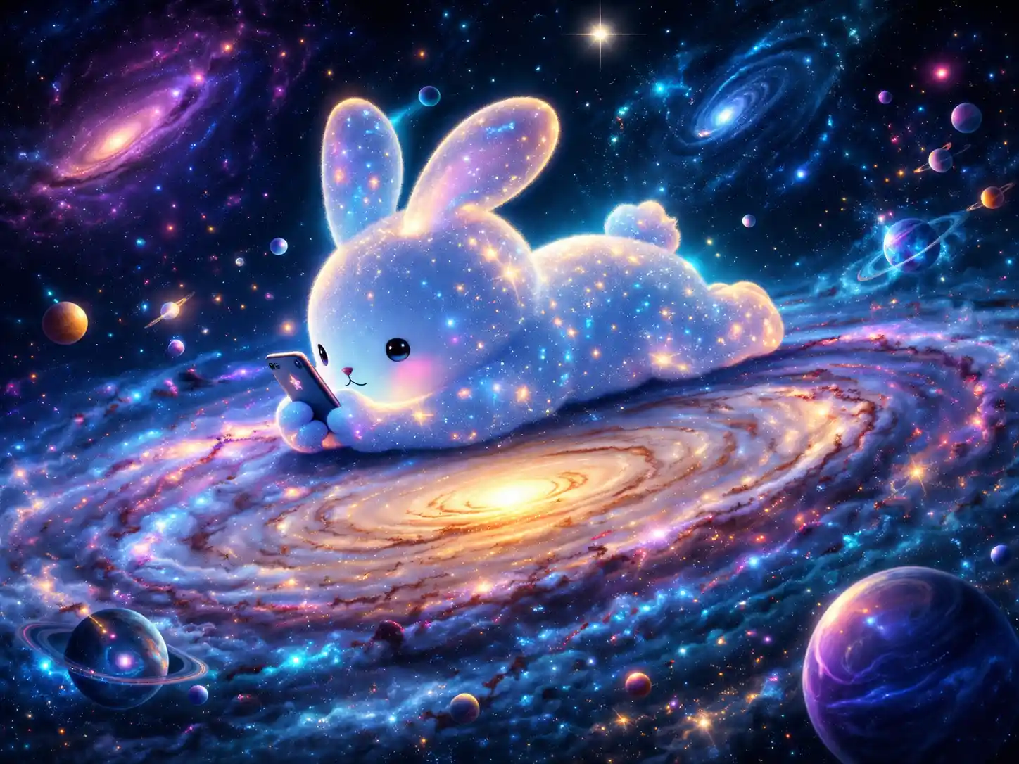 Sternenhase, der mit einem Handy auf einer leuchtenden Galaxie liegt