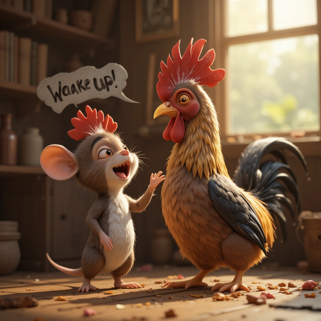 Cute mouse waking a snoring rooster in a wooden coop