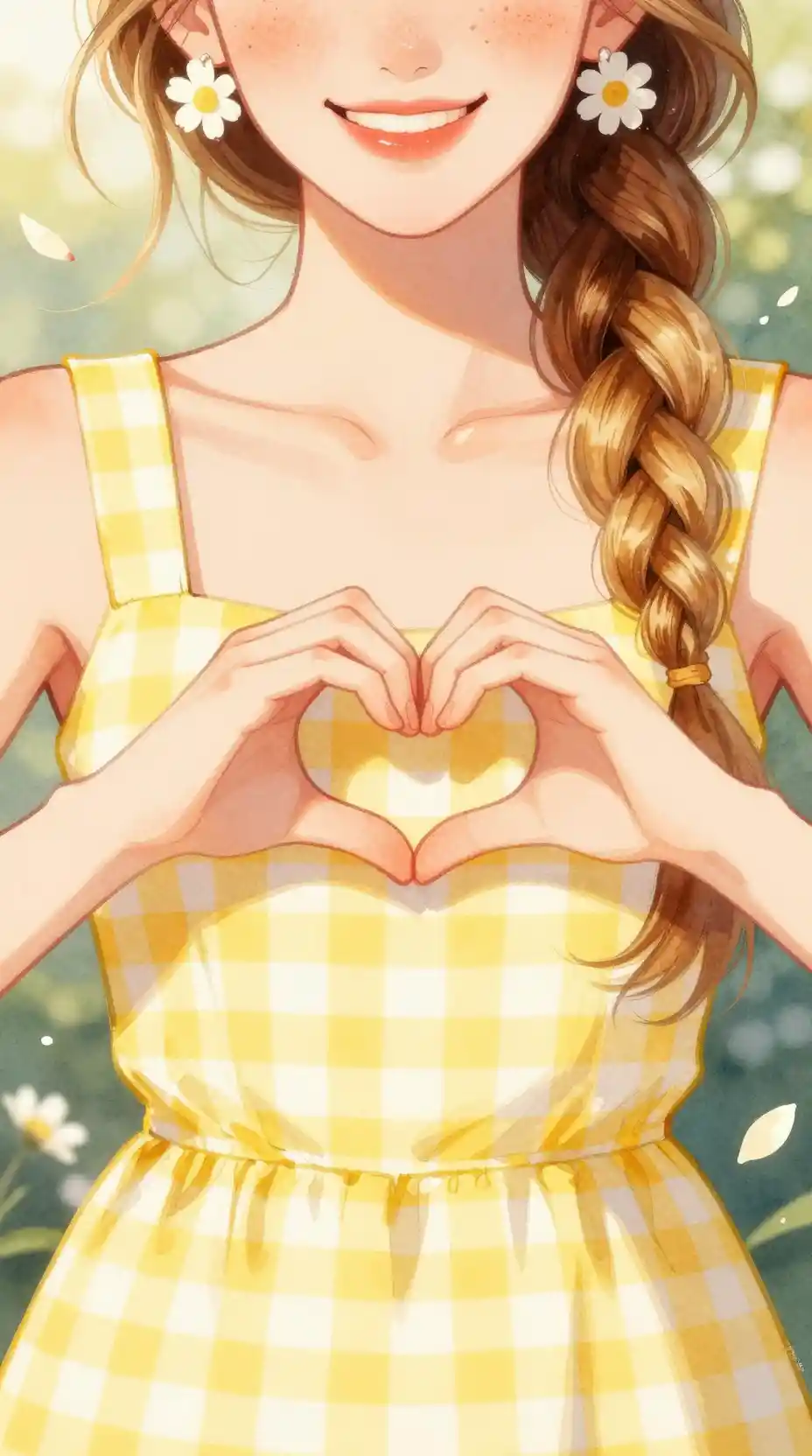 Watercolor girl making a heart with her hands in sunlight