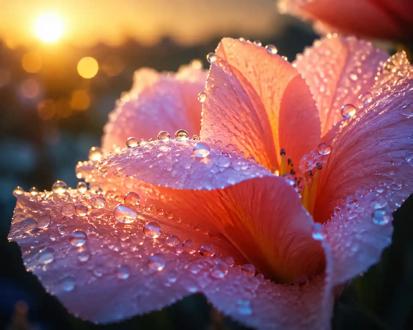 Petali di fiore coperti di rugiada che brillano dolcemente all'alba