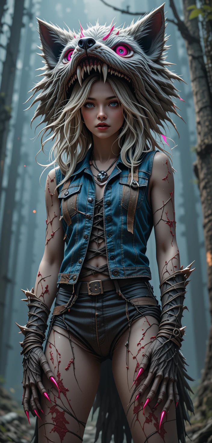 Anime warrior woman in wolf headdress from low angle