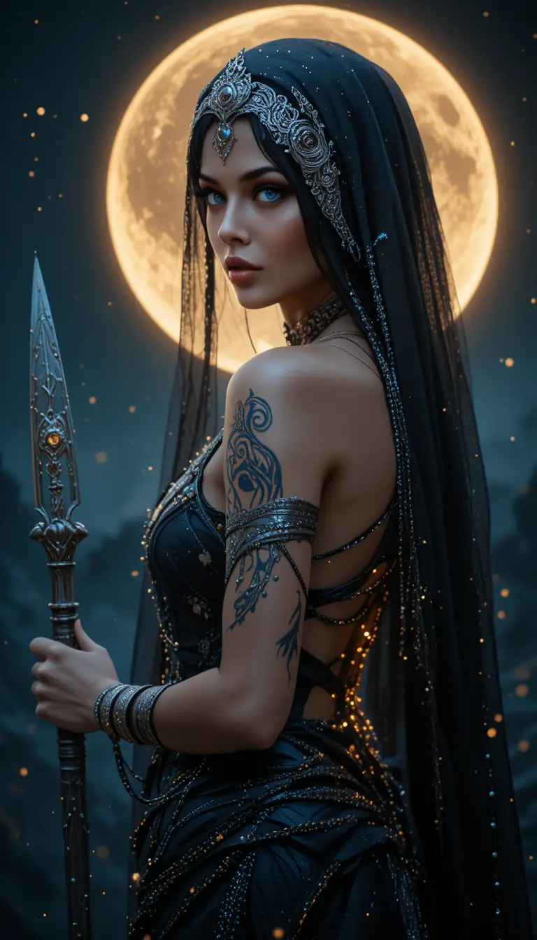 Mystical veiled woman under a glowing full moon