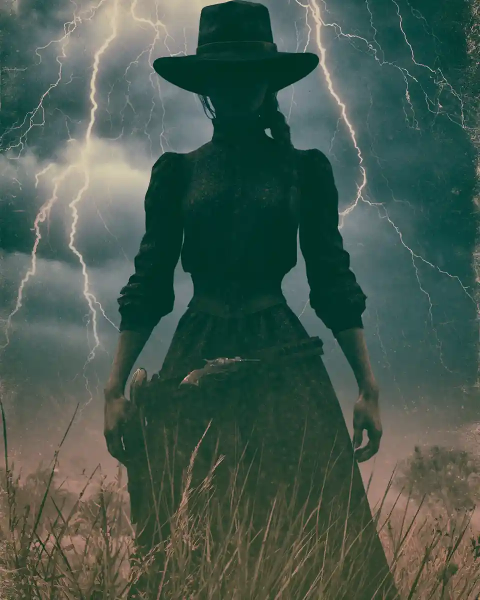Armed western woman standing alone in a rugged landscape